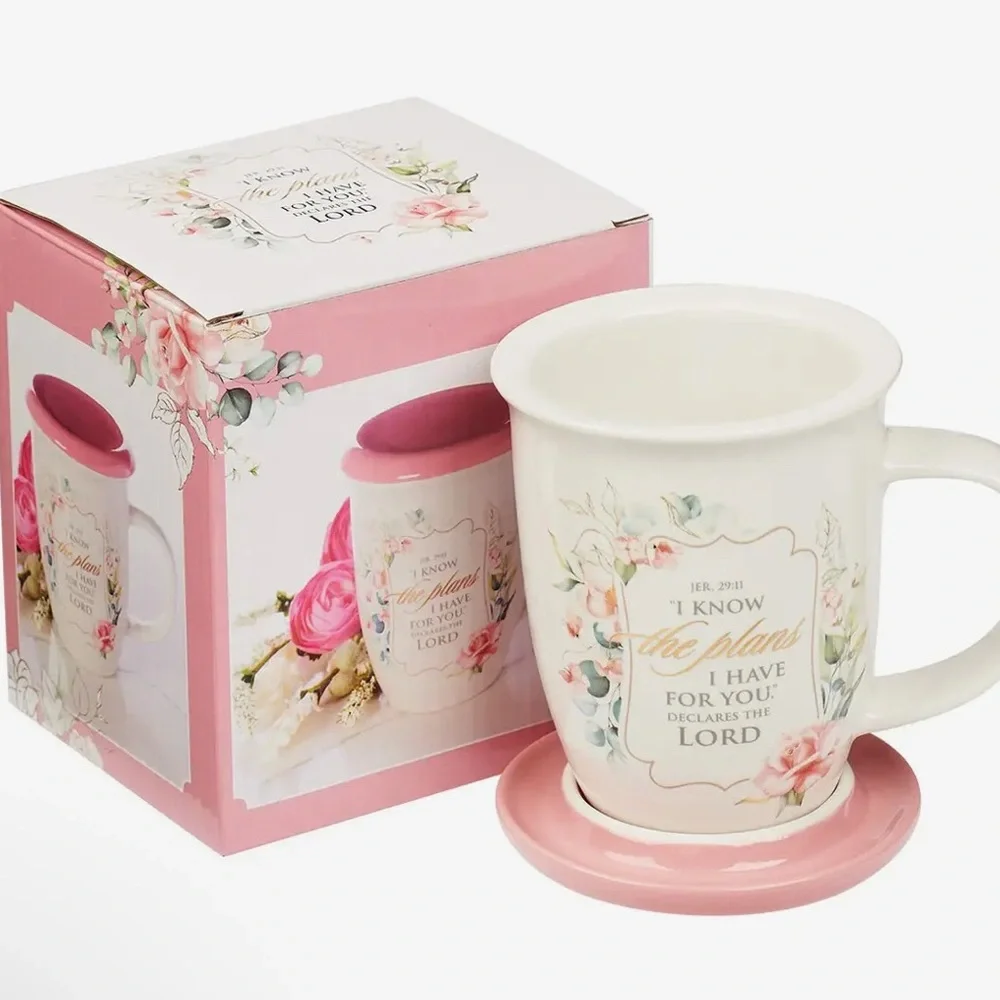 Floral Pink Ceramic Mug with Lid - Inspirational Scripture Design - Picture 2 of 8